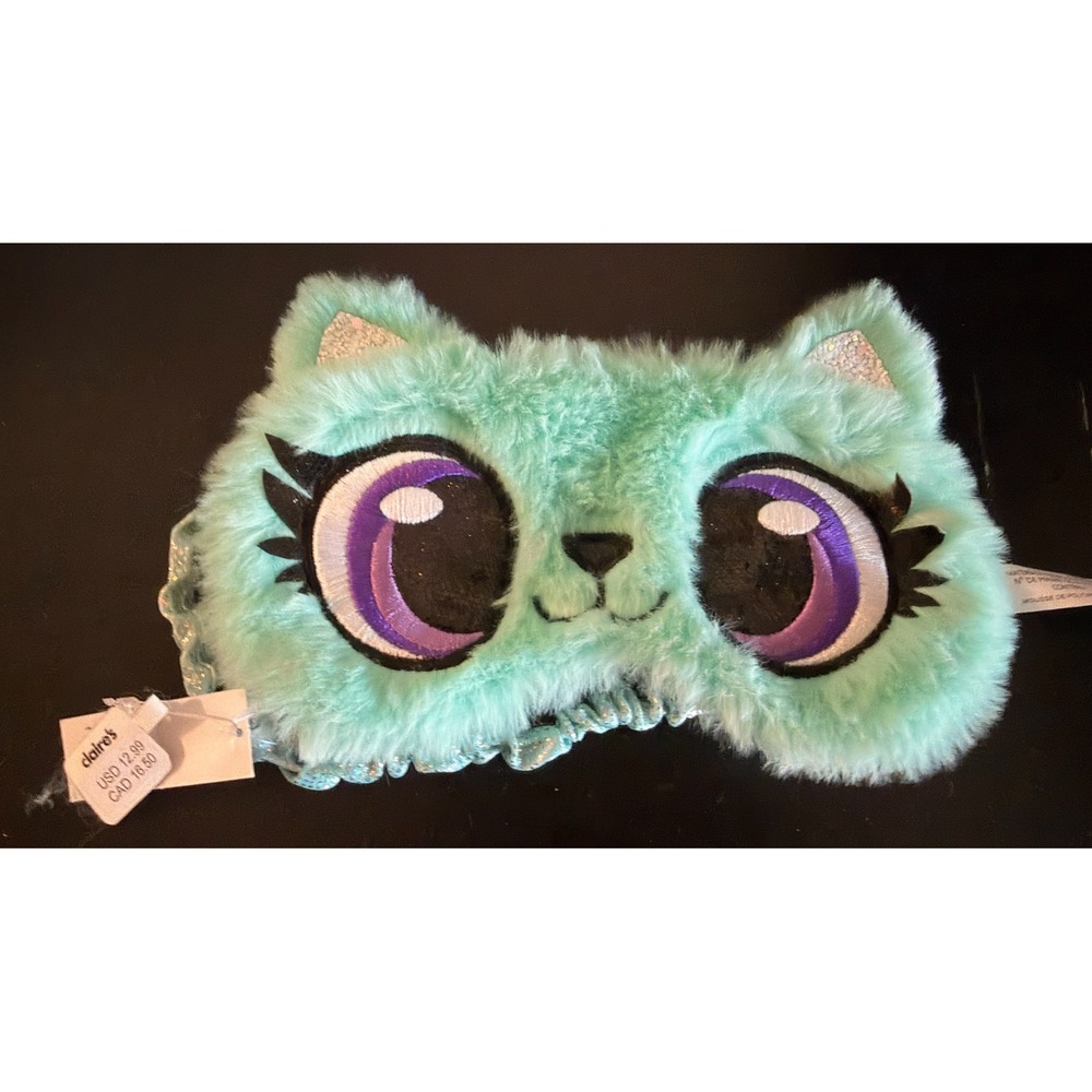 NWT Claire's Mint Green Fuzzy Cat Sleep Mask Plush Big Eyes Glitter